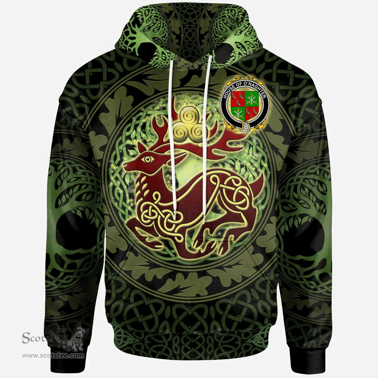 ScotsTee Shop Irish House of O'NAGHTEN Coat of Arms Family Crest Ireland Hoodie The God of The Forest Hoodie