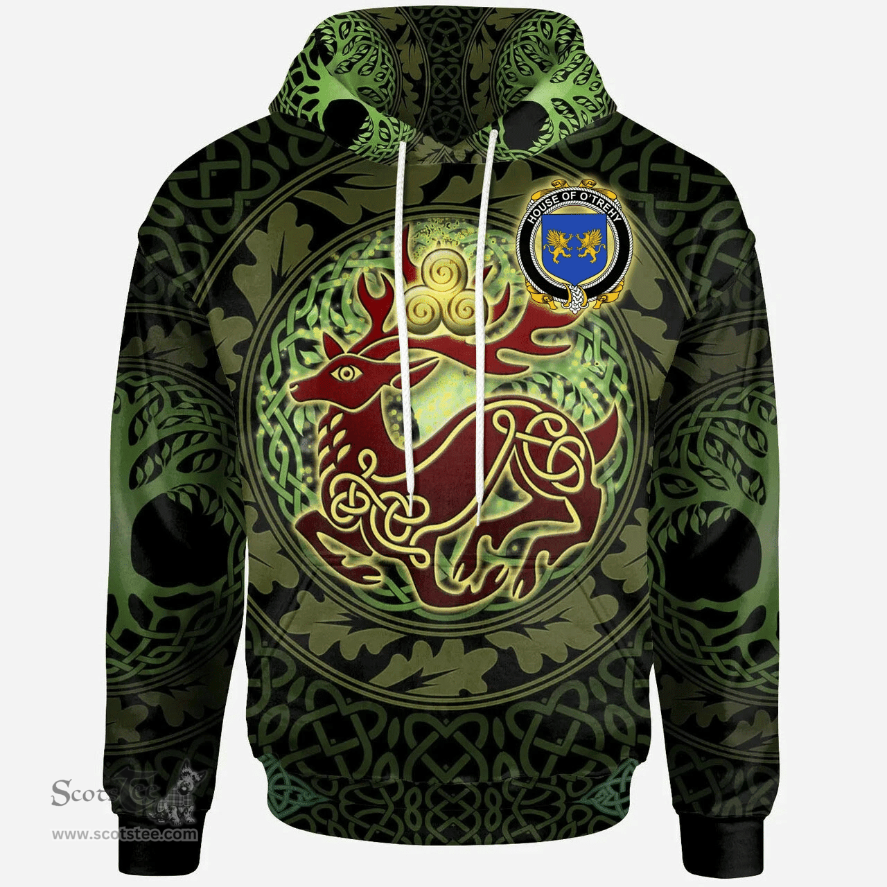 ScotsTee Shop Irish House of O'TREHY (Troy) Coat of Arms Family Crest Ireland Hoodie The God of The Forest Hoodie