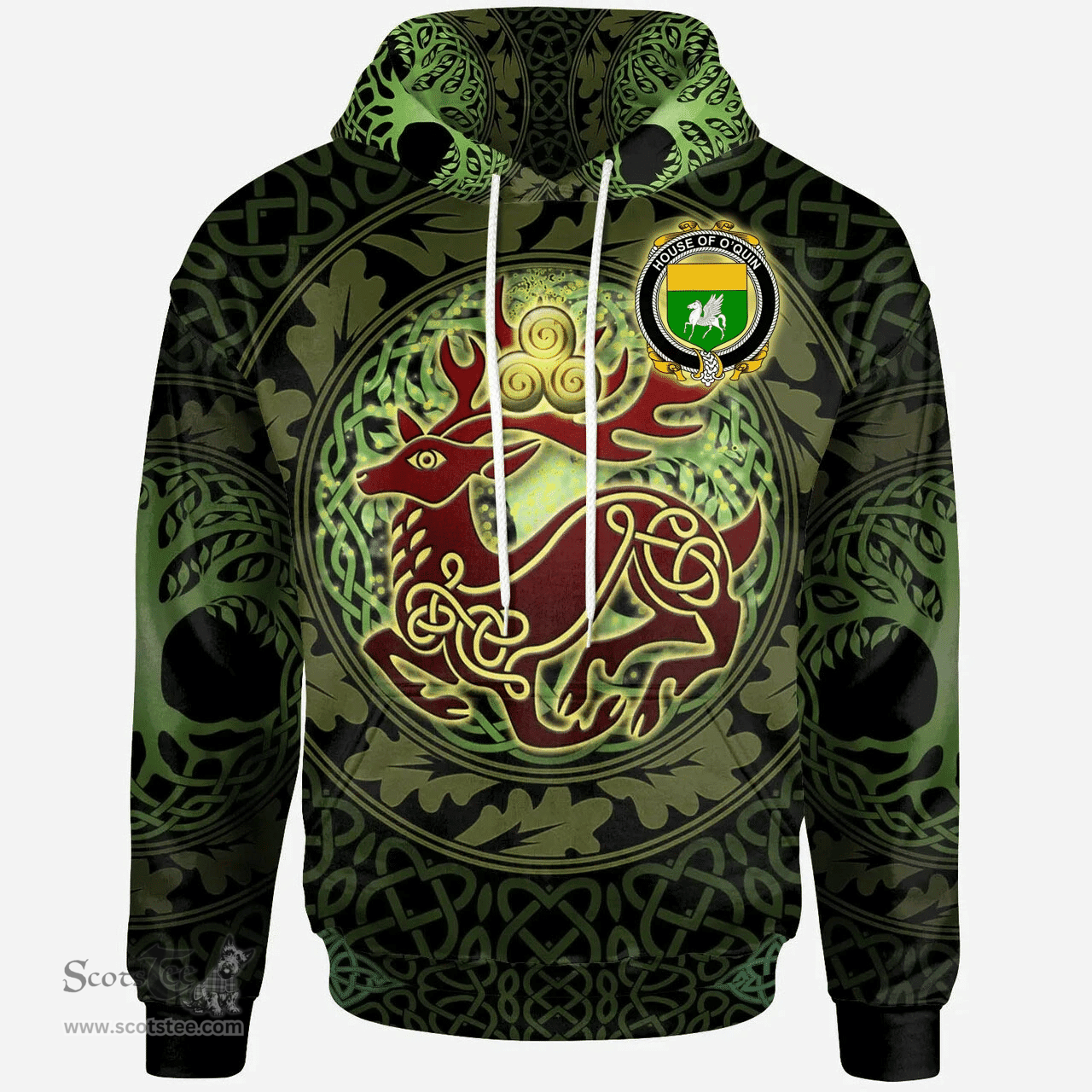 ScotsTee Shop Irish House of O'QUIN (Annaly) Coat of Arms Family Crest Ireland Hoodie The God of The Forest Hoodie