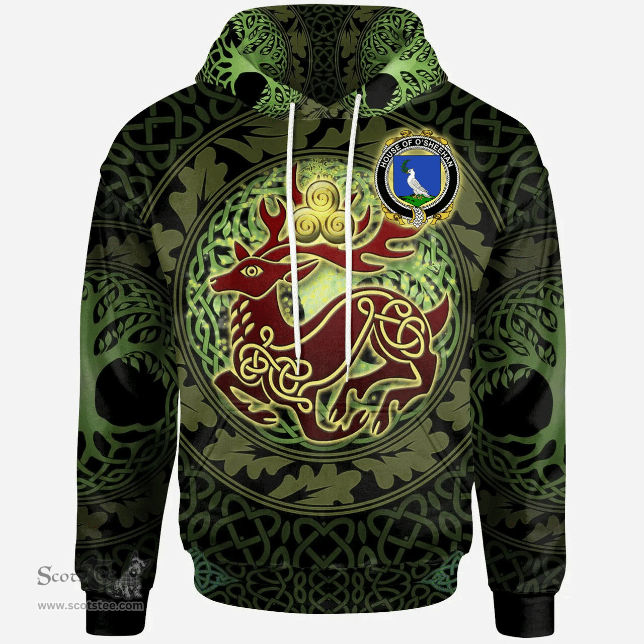 ScotsTee Shop Irish House of O'SHEEHAN Coat of Arms Family Crest Ireland Hoodie The God of The Forest Hoodie