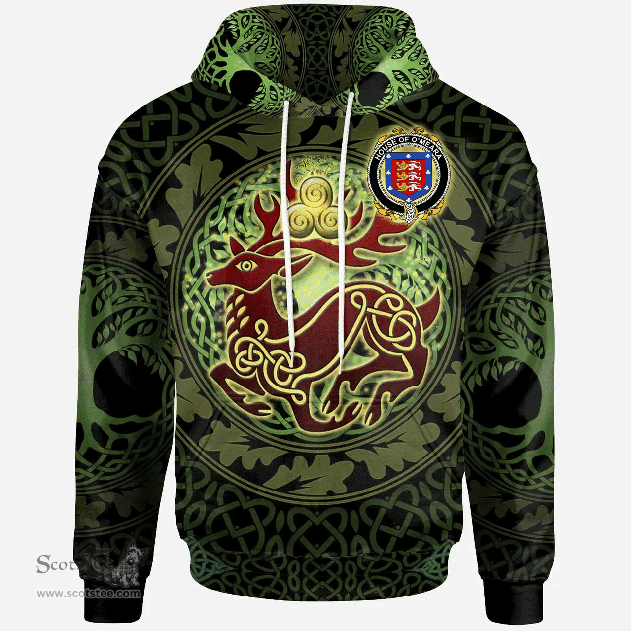 ScotsTee Shop Irish House of O'MEARA Coat of Arms Family Crest Ireland Hoodie The God of The Forest Hoodie