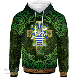 ScotsTee Shop Irish Aiken Coat of Arms Family Crest Ireland Hoodie Celtic Cross Shamrock Patterns