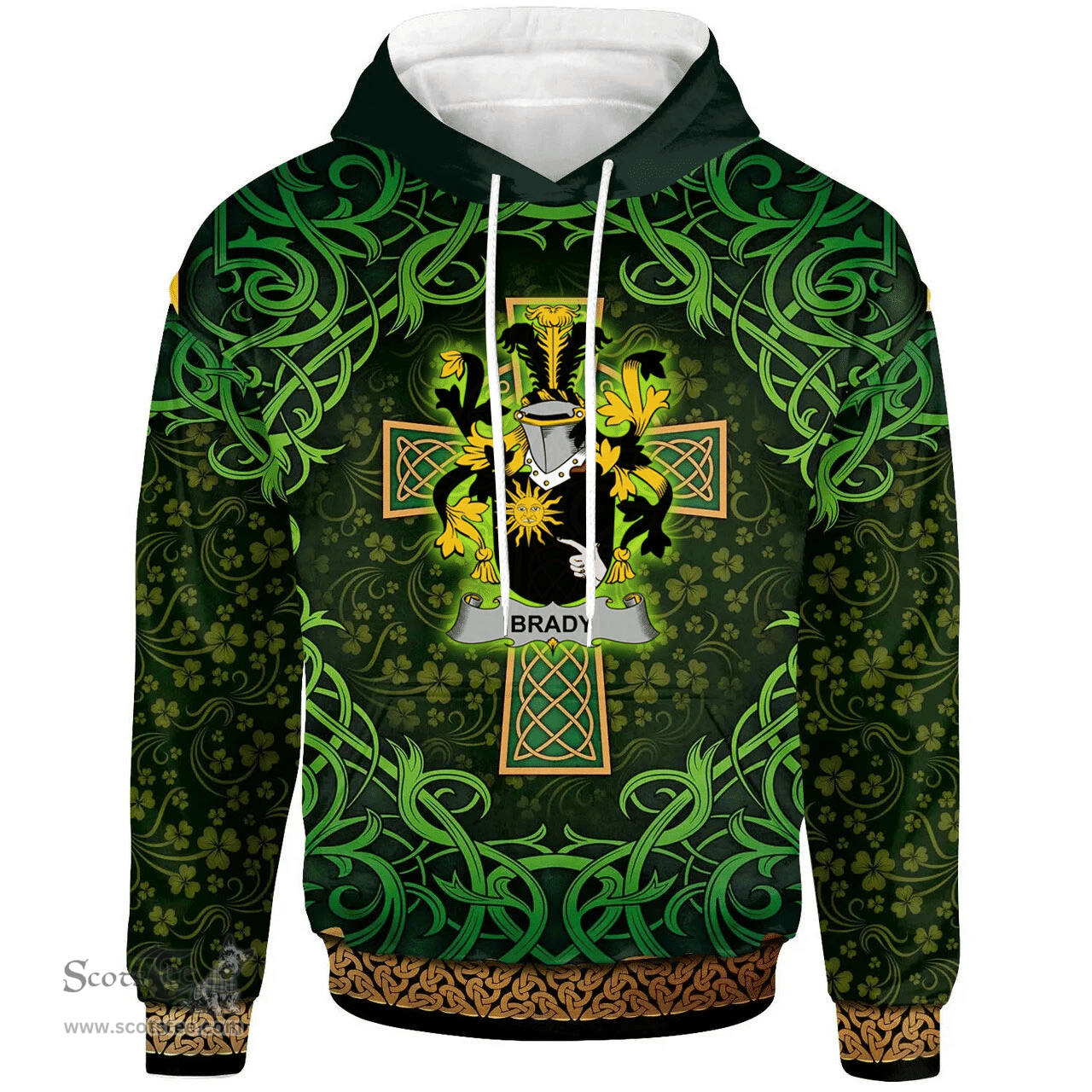 ScotsTee Shop Irish Brady or McBrady Coat of Arms Family Crest Ireland Hoodie Celtic Cross Shamrock Patterns