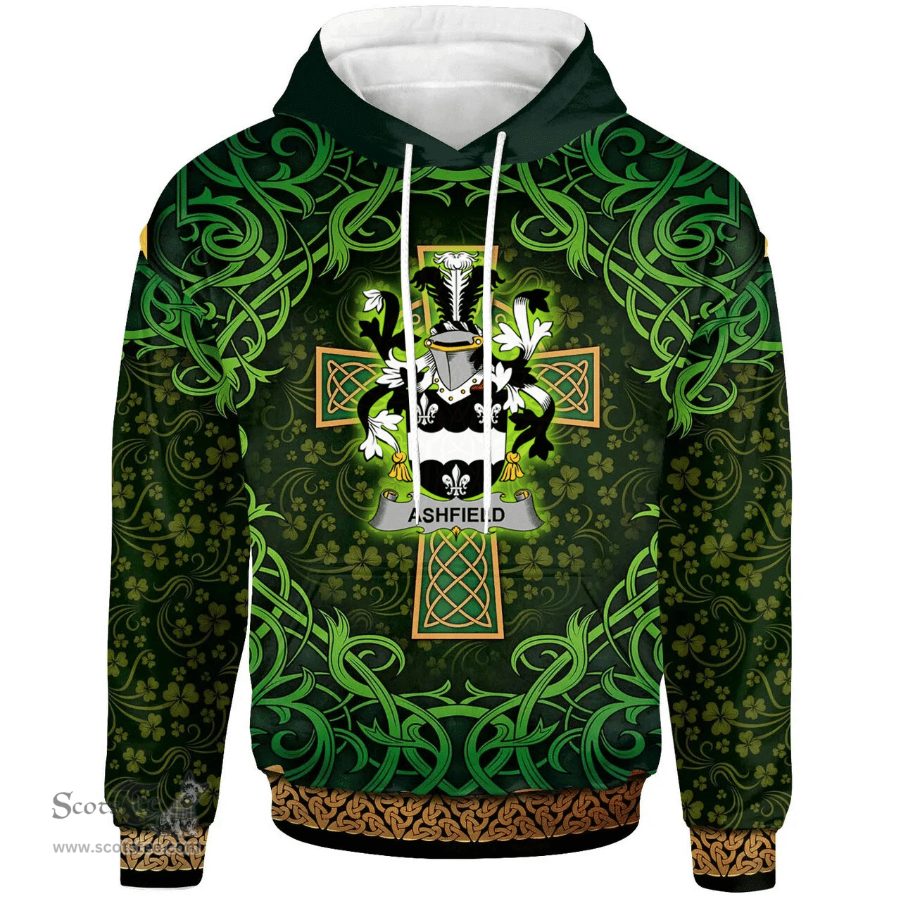 ScotsTee Shop Irish Ashfield Coat of Arms Family Crest Ireland Hoodie Celtic Cross Shamrock Patterns