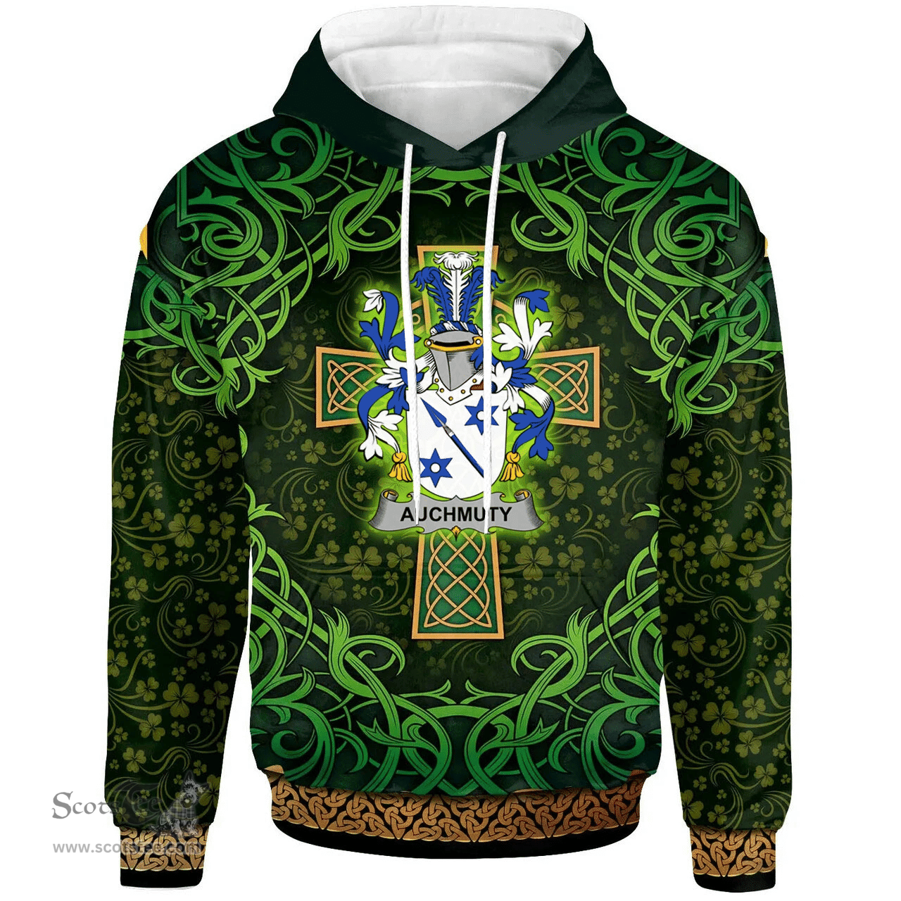 ScotsTee Shop Irish Auchmuty Coat of Arms Family Crest Ireland Hoodie Celtic Cross Shamrock Patterns