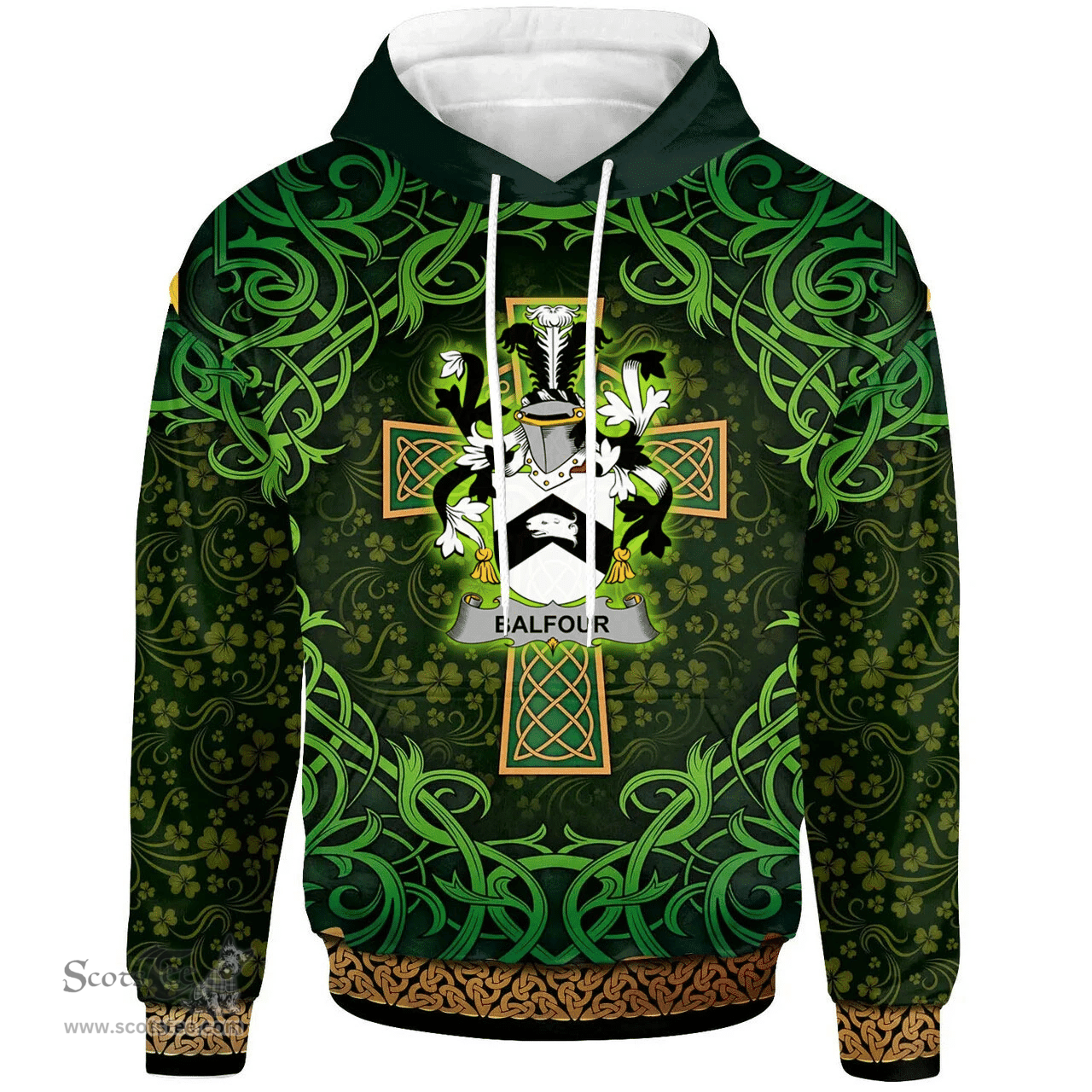 ScotsTee Shop Irish Balfour Coat of Arms Family Crest Ireland Hoodie Celtic Cross Shamrock Patterns