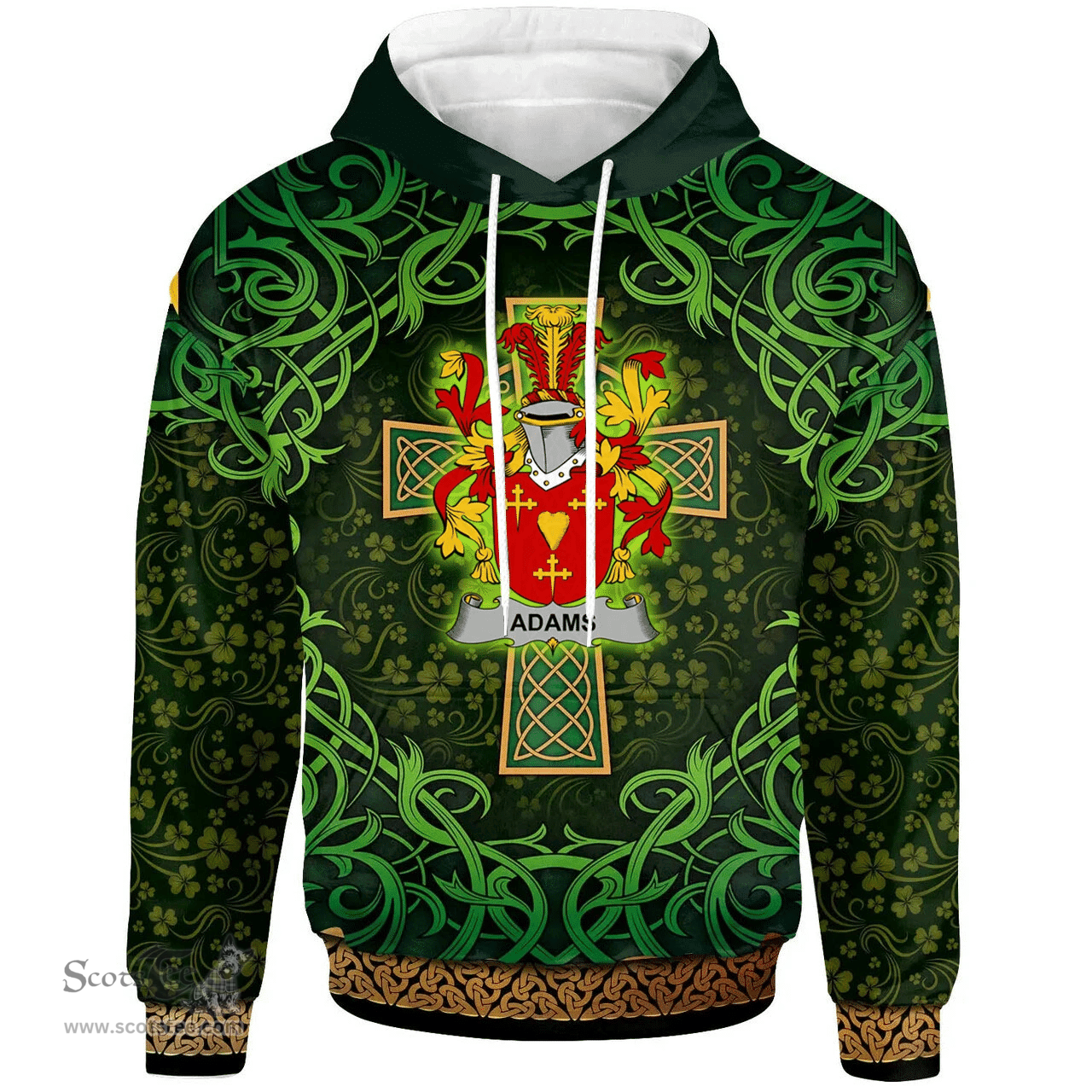 ScotsTee Shop Irish Adams Coat of Arms Family Crest Ireland Hoodie Celtic Cross Shamrock Patterns