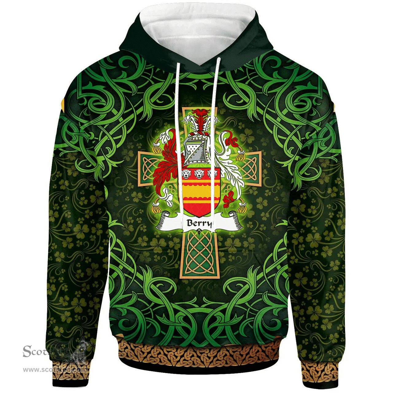 ScotsTee Shop Irish Berry Coat of Arms Family Crest Ireland Hoodie Celtic Cross Shamrock Patterns