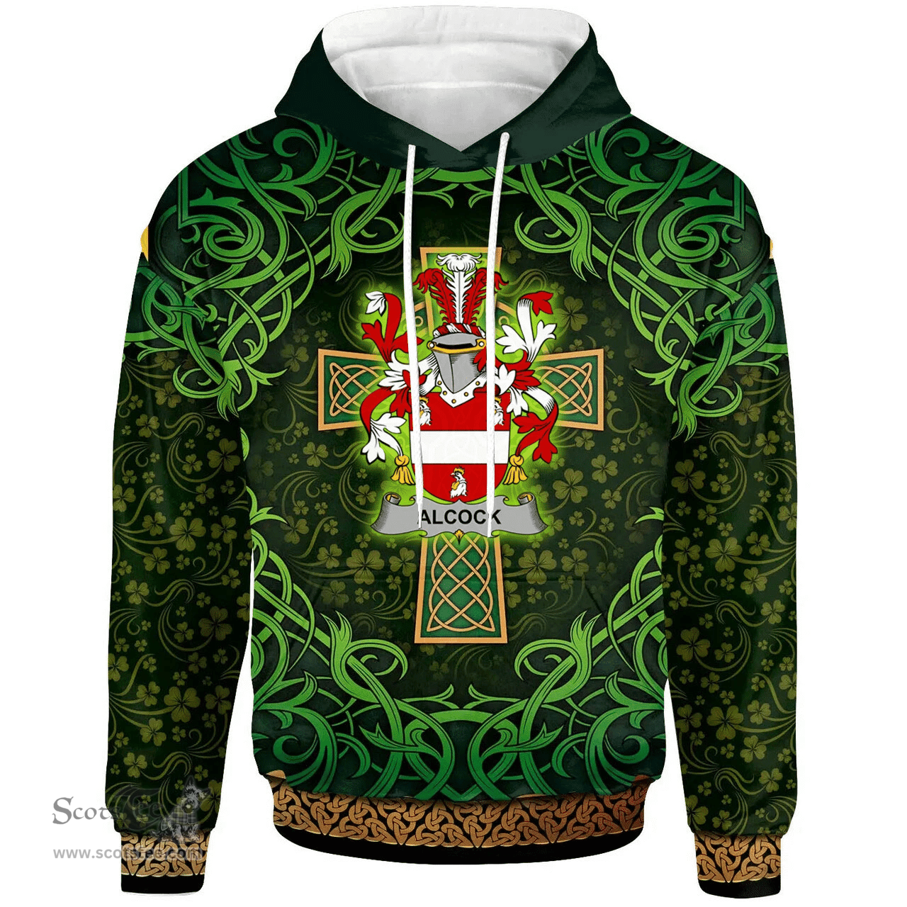 ScotsTee Shop Irish Alcock Coat of Arms Family Crest Ireland Hoodie Celtic Cross Shamrock Patterns
