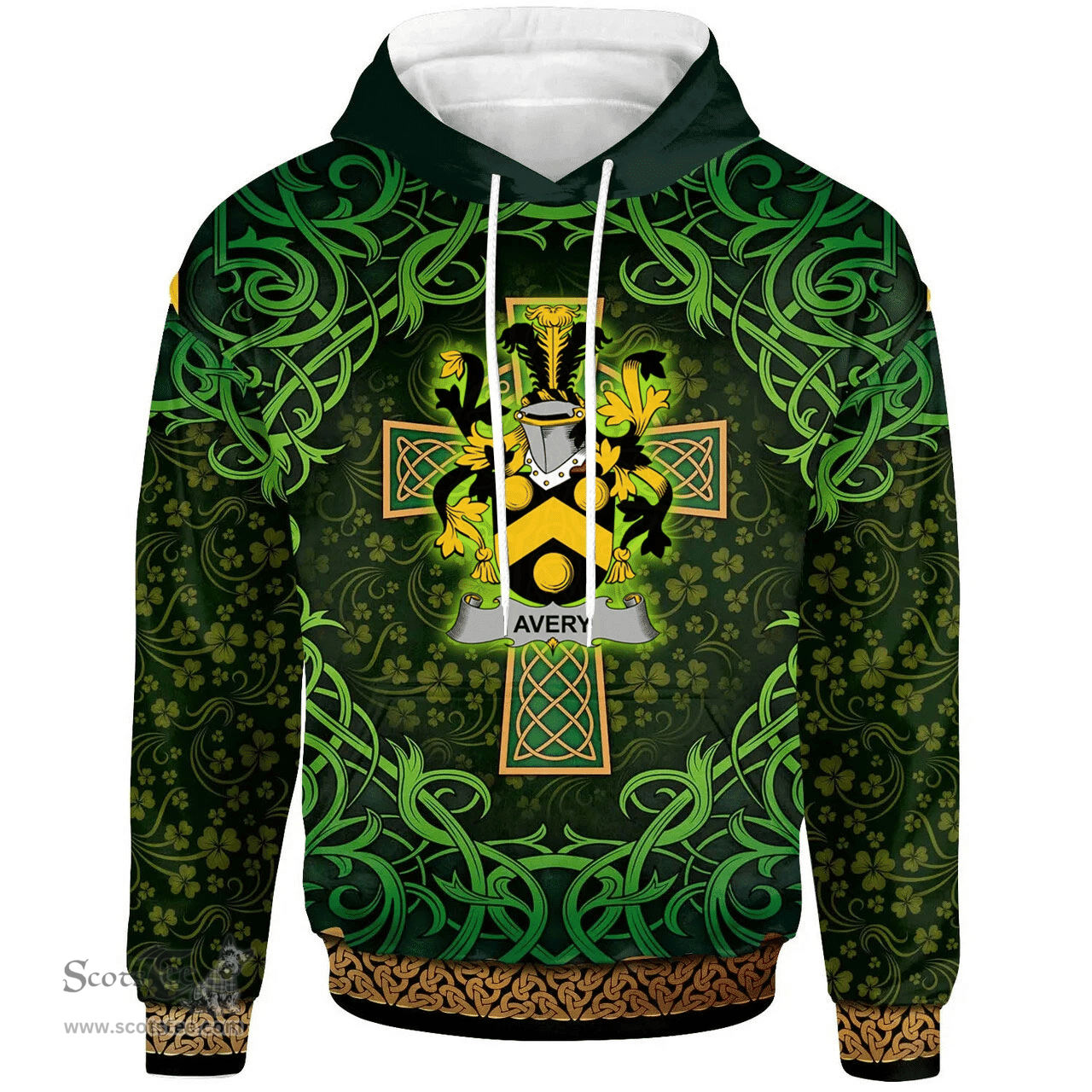 ScotsTee Shop Irish Avery Coat of Arms Family Crest Ireland Hoodie Celtic Cross Shamrock Patterns