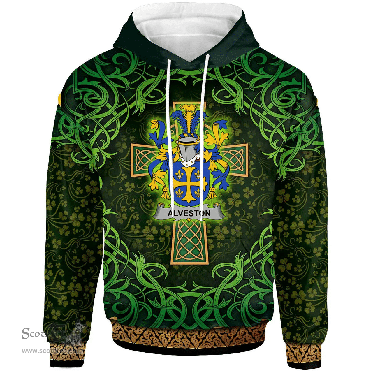 ScotsTee Shop Irish Alveston Coat of Arms Family Crest Ireland Hoodie Celtic Cross Shamrock Patterns