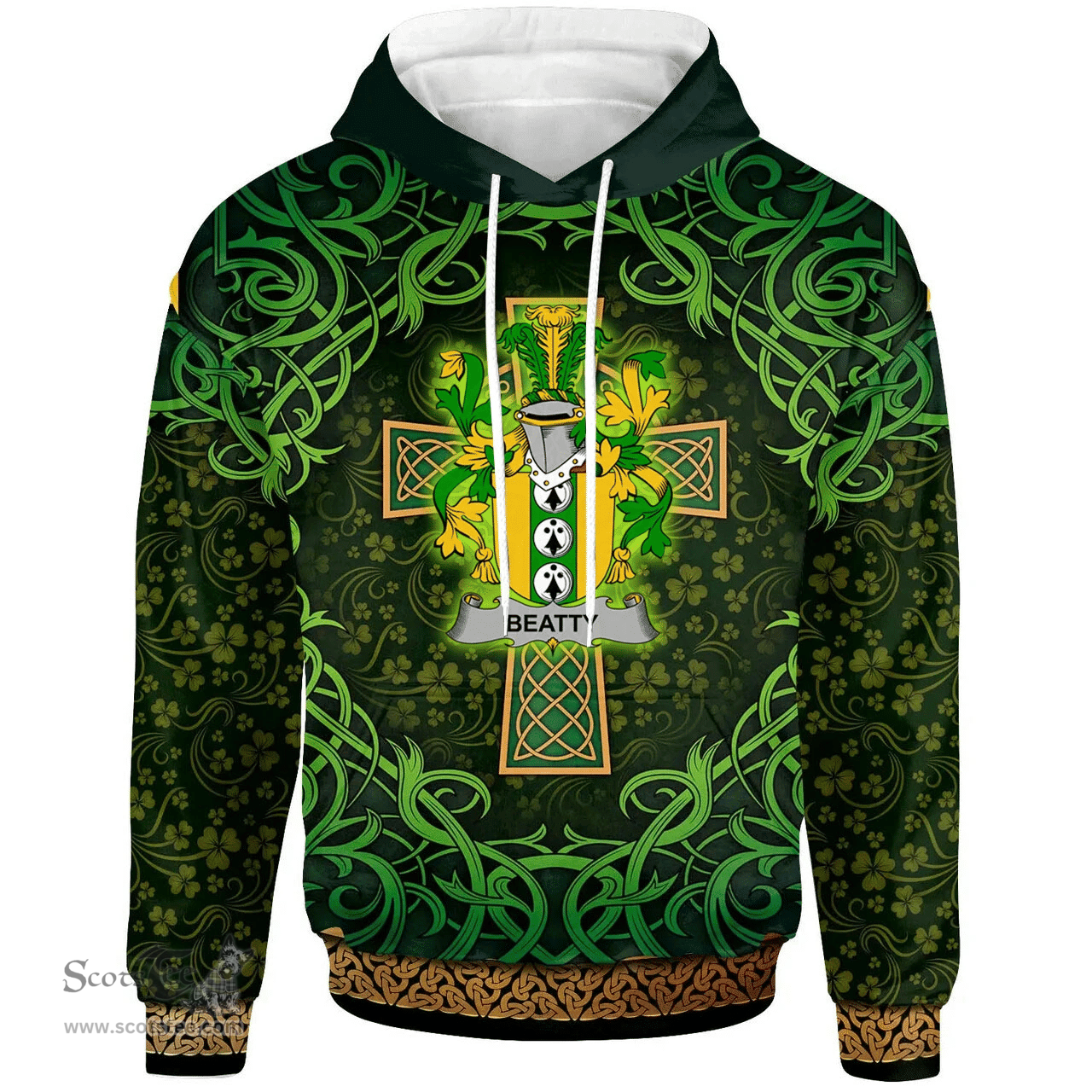 ScotsTee Shop Irish Beatty or Betagh Coat of Arms Family Crest Ireland Hoodie Celtic Cross Shamrock Patterns