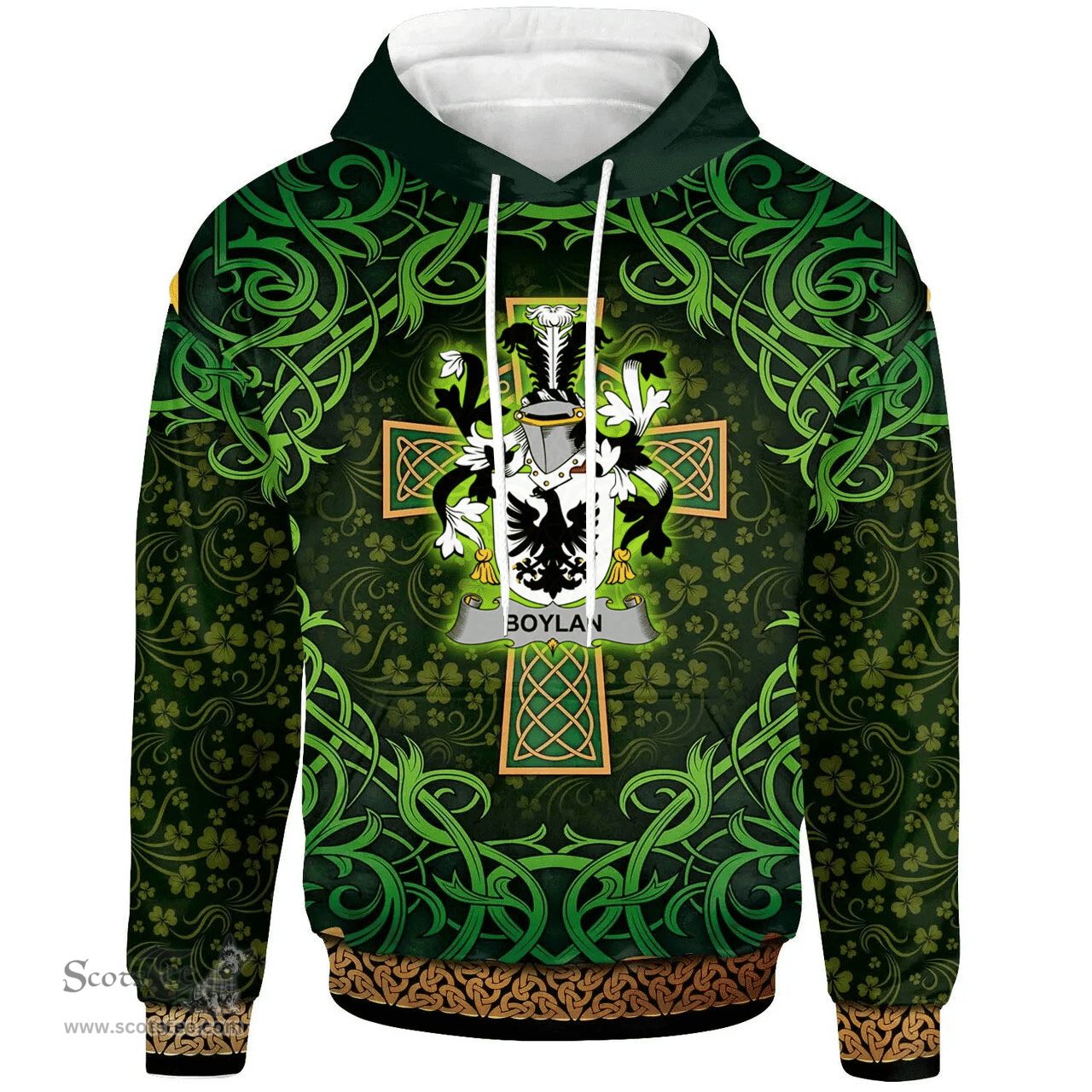 ScotsTee Shop Irish Boylan or O'Boylan Coat of Arms Family Crest Ireland Hoodie Celtic Cross Shamrock Patterns