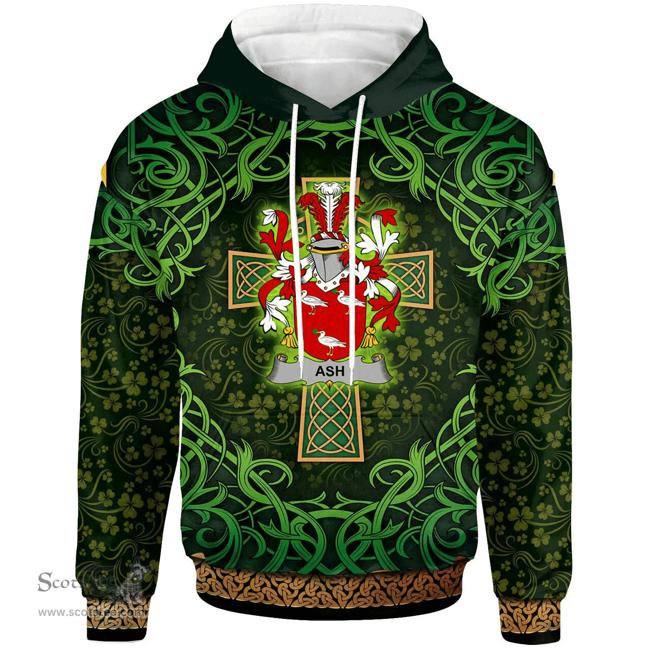 ScotsTee Shop Irish Ash Coat of Arms Family Crest Ireland Hoodie Celtic Cross Shamrock Patterns