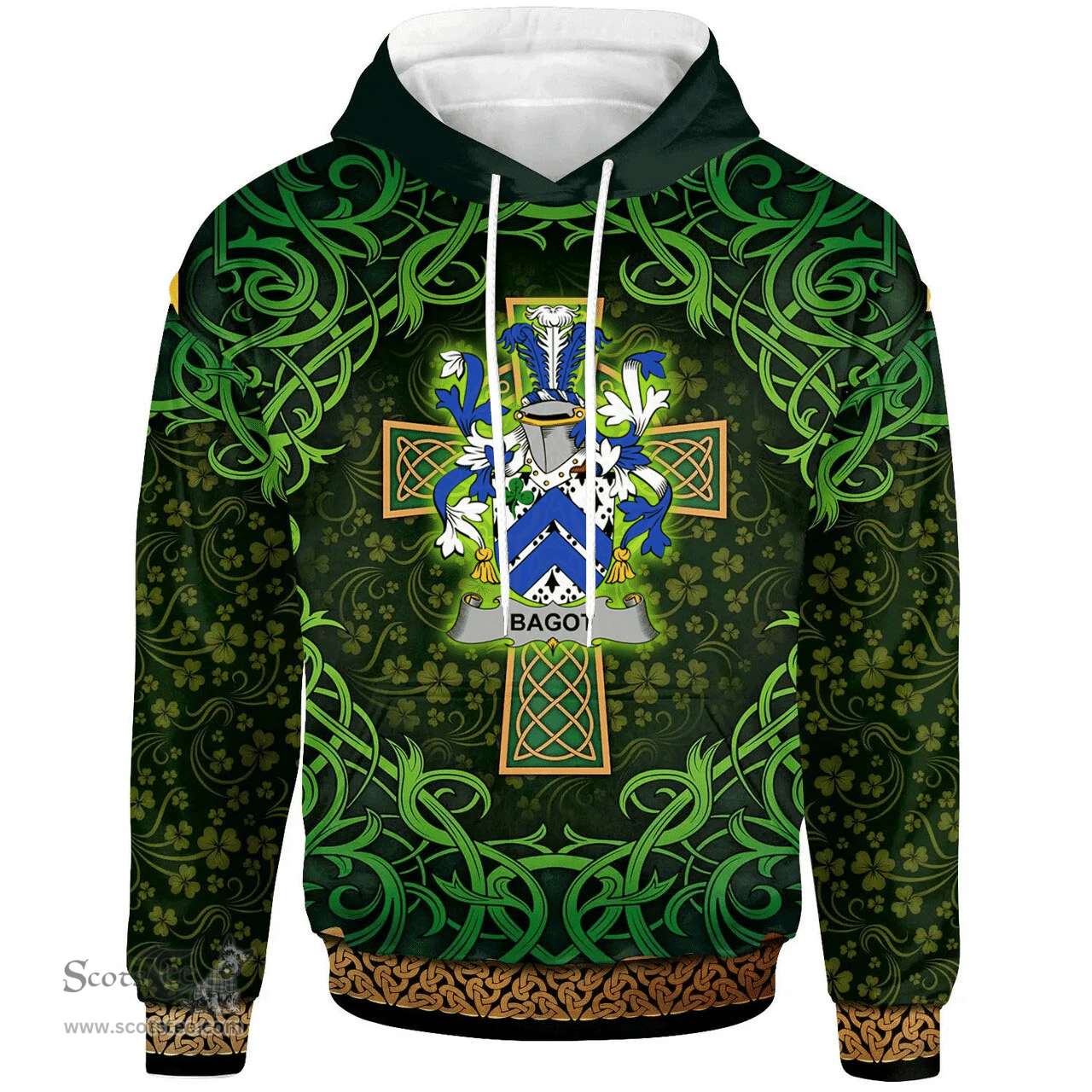 ScotsTee Shop Irish Bagot Coat of Arms Family Crest Ireland Hoodie Celtic Cross Shamrock Patterns