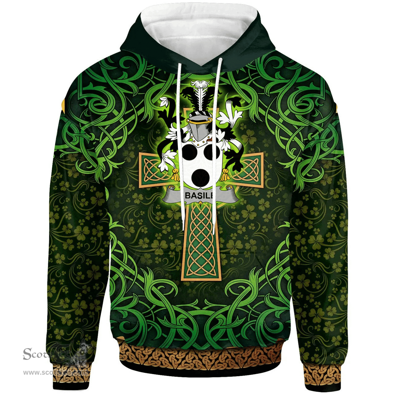 ScotsTee Shop Irish Basile Coat of Arms Family Crest Ireland Hoodie Celtic Cross Shamrock Patterns
