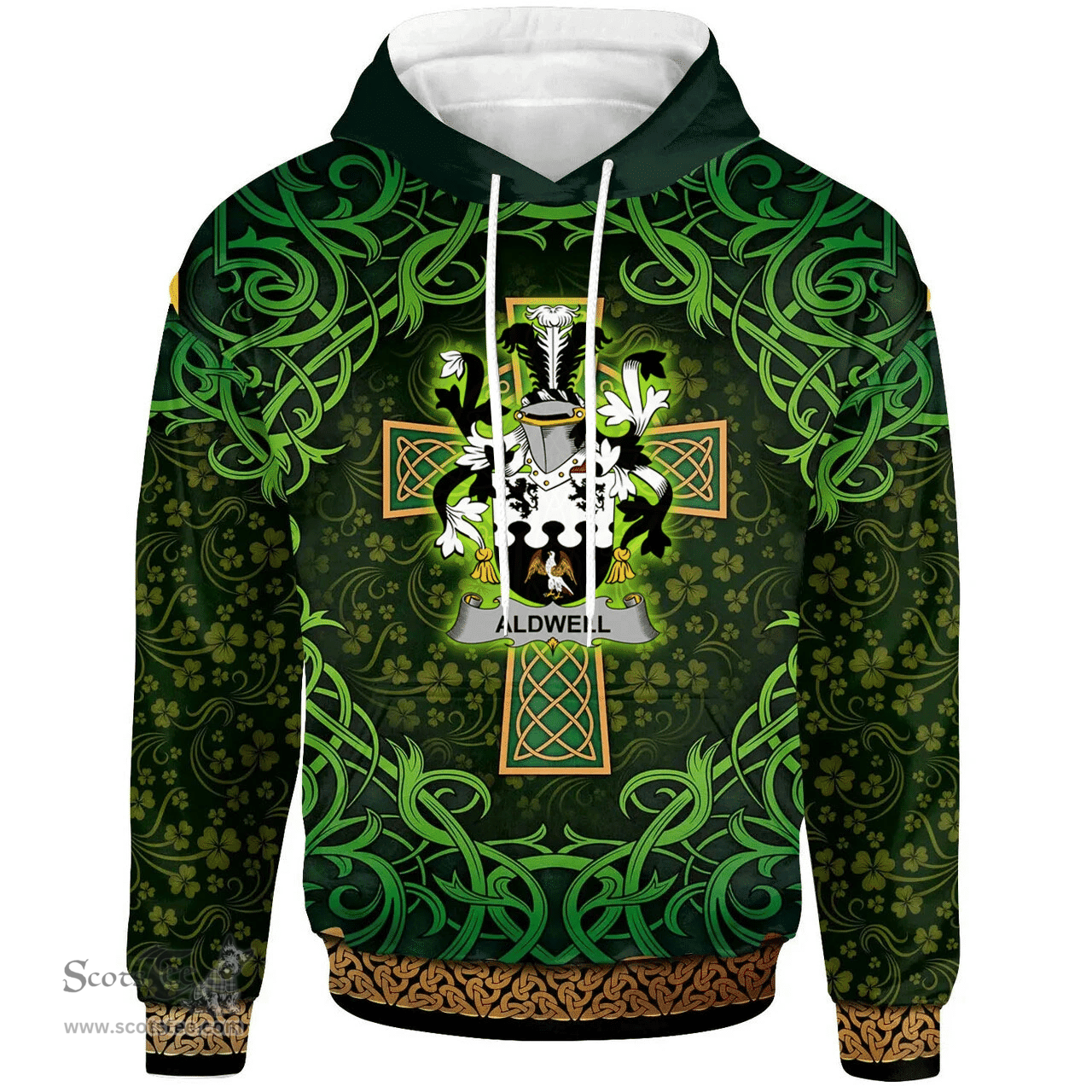 ScotsTee Shop Irish Aldwell Coat of Arms Family Crest Ireland Hoodie Celtic Cross Shamrock Patterns