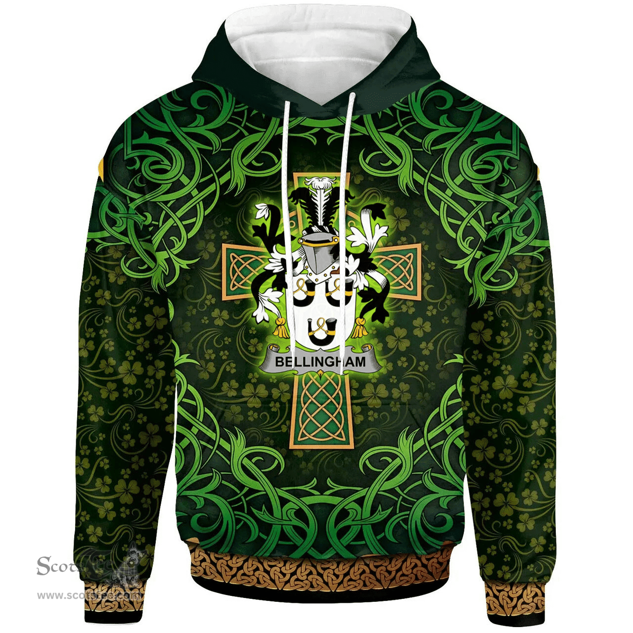 ScotsTee Shop Irish Bellingham Coat of Arms Family Crest Ireland Hoodie Celtic Cross Shamrock Patterns