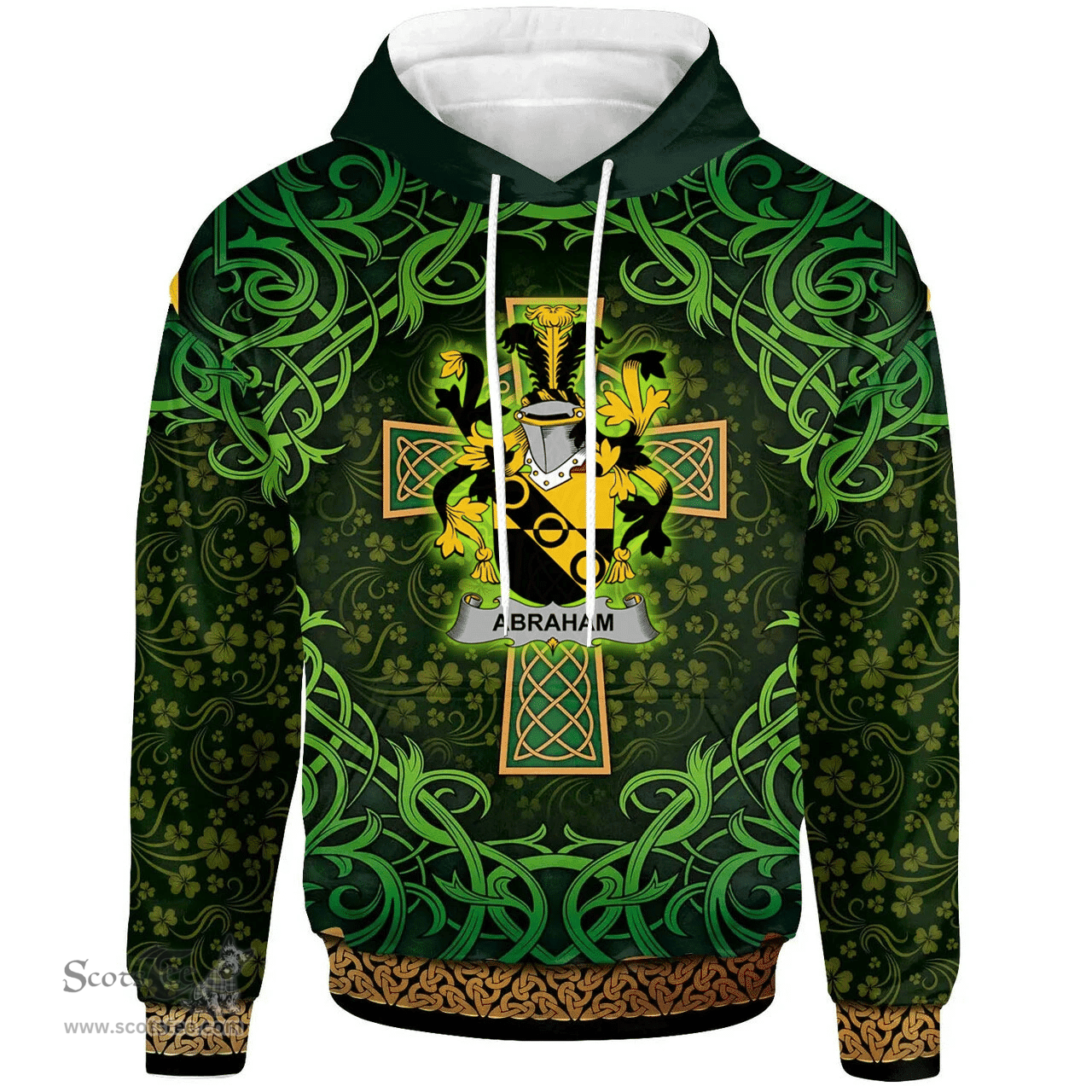 ScotsTee Shop Irish Abraham Coat of Arms Family Crest Ireland Hoodie Celtic Cross Shamrock Patterns