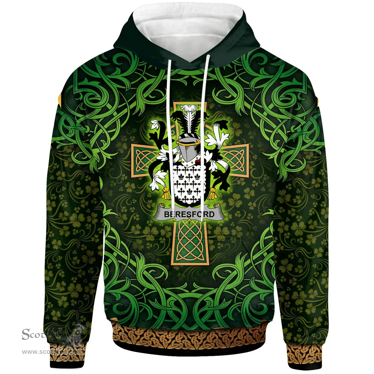 ScotsTee Shop Irish Beresford Coat of Arms Family Crest Ireland Hoodie Celtic Cross Shamrock Patterns