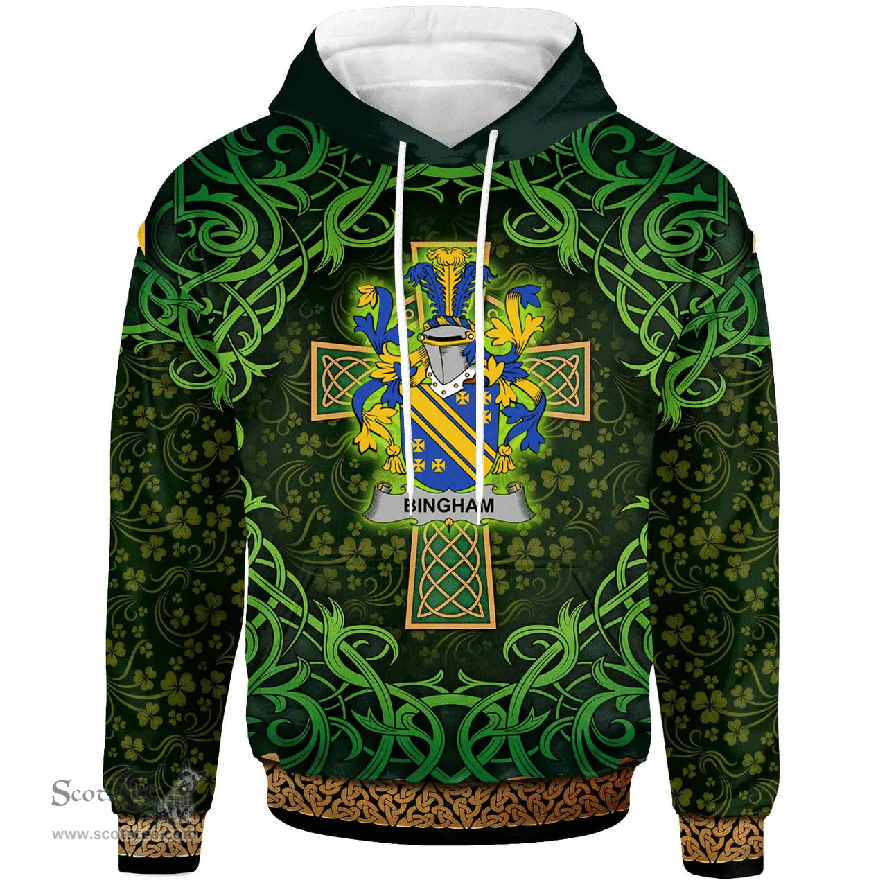ScotsTee Shop Irish Bingham Coat of Arms Family Crest Ireland Hoodie Celtic Cross Shamrock Patterns