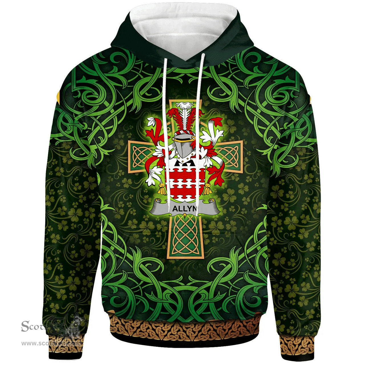 ScotsTee Shop Irish Allyn Coat of Arms Family Crest Ireland Hoodie Celtic Cross Shamrock Patterns