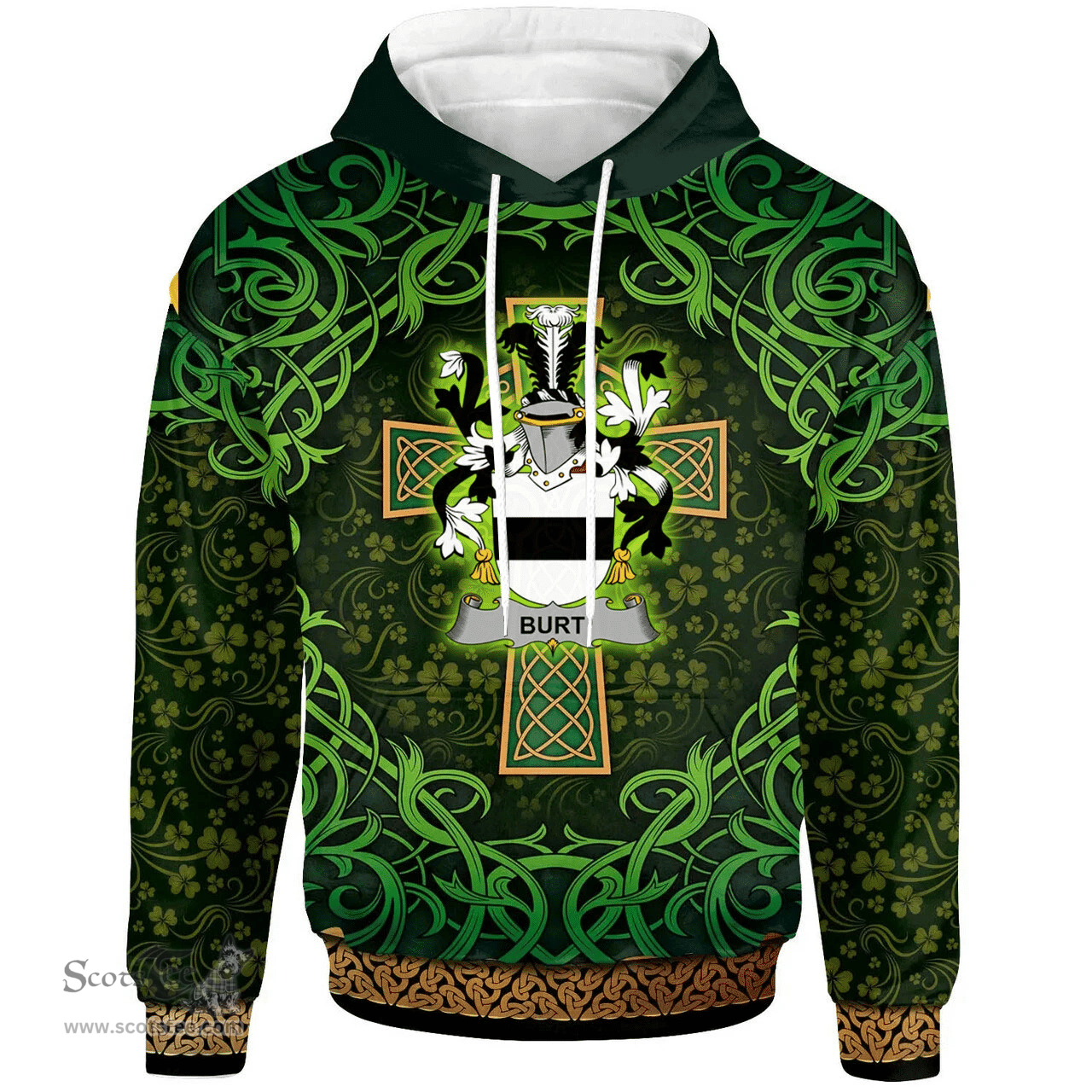 ScotsTee Shop Irish Burt or Birt Coat of Arms Family Crest Ireland Hoodie Celtic Cross Shamrock Patterns