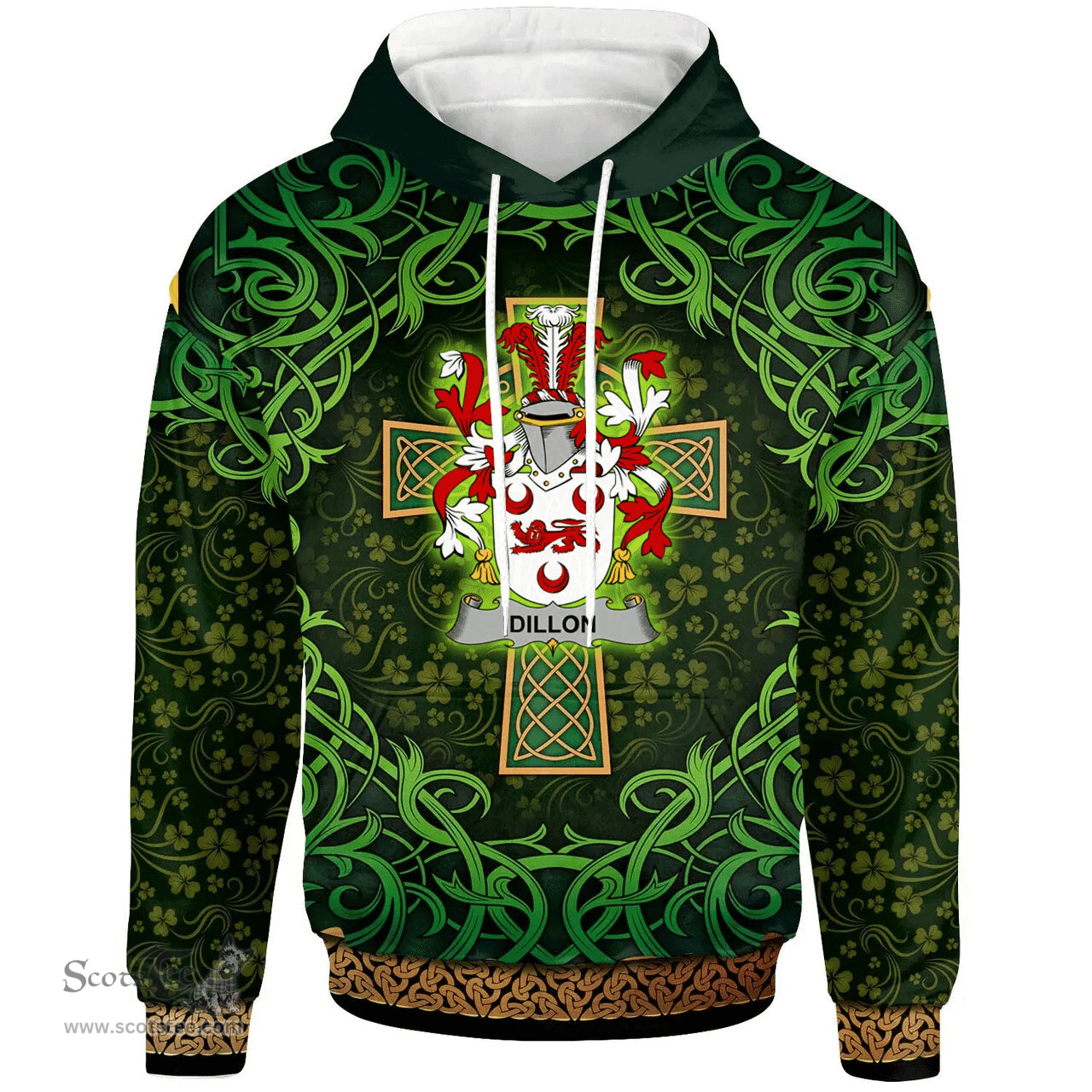 ScotsTee Shop Irish Dillon Coat of Arms Family Crest Ireland Hoodie Celtic Cross Shamrock Patterns