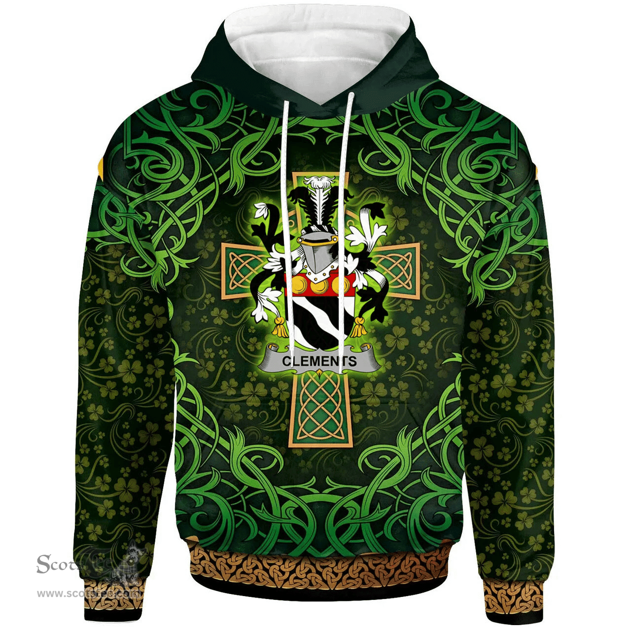 ScotsTee Shop Irish Clements Coat of Arms Family Crest Ireland Hoodie Celtic Cross Shamrock Patterns