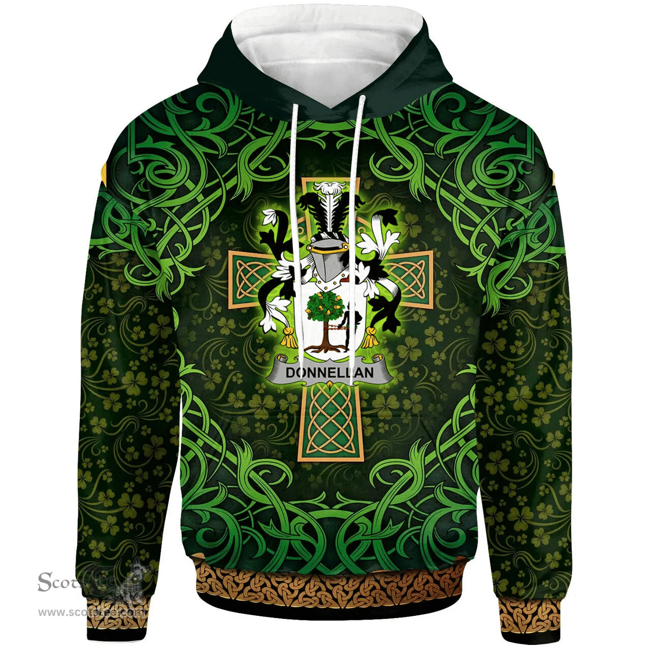 ScotsTee Shop Irish Donnellan or O'Donnellan Coat of Arms Family Crest Ireland Hoodie Celtic Cross Shamrock Patterns