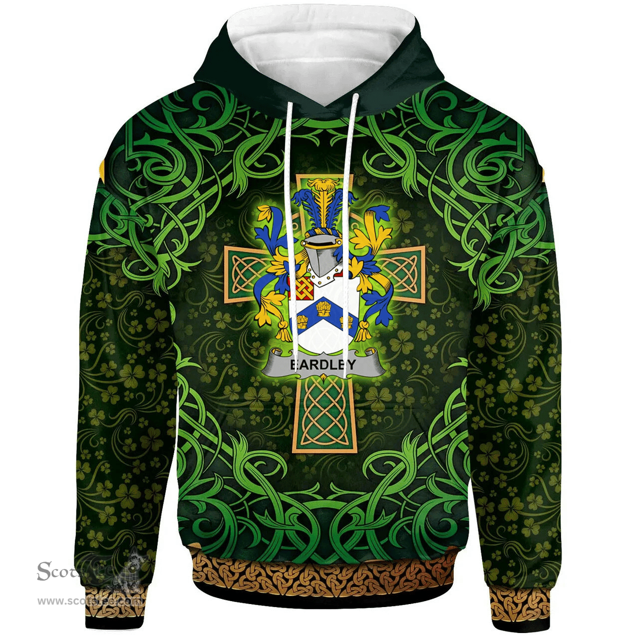 ScotsTee Shop Irish Eardley Coat of Arms Family Crest Ireland Hoodie Celtic Cross Shamrock Patterns