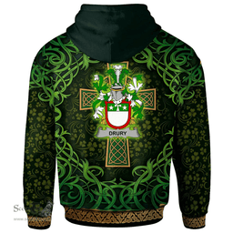 ScotsTee Shop Irish Drury or McDrury Coat of Arms Family Crest Ireland Hoodie Celtic Cross Shamrock Patterns