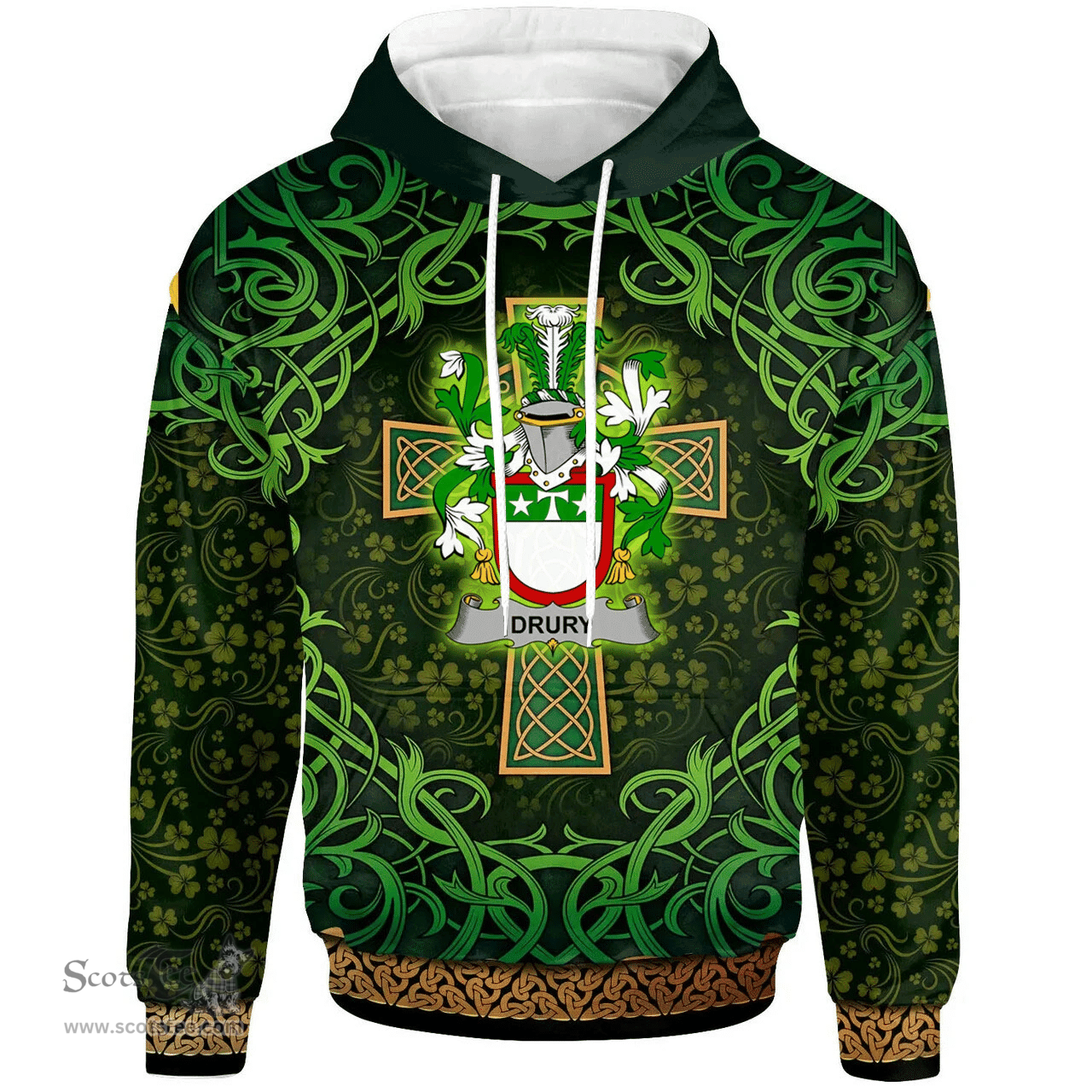 ScotsTee Shop Irish Drury or McDrury Coat of Arms Family Crest Ireland Hoodie Celtic Cross Shamrock Patterns