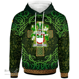 ScotsTee Shop Irish Drury or McDrury Coat of Arms Family Crest Ireland Hoodie Celtic Cross Shamrock Patterns