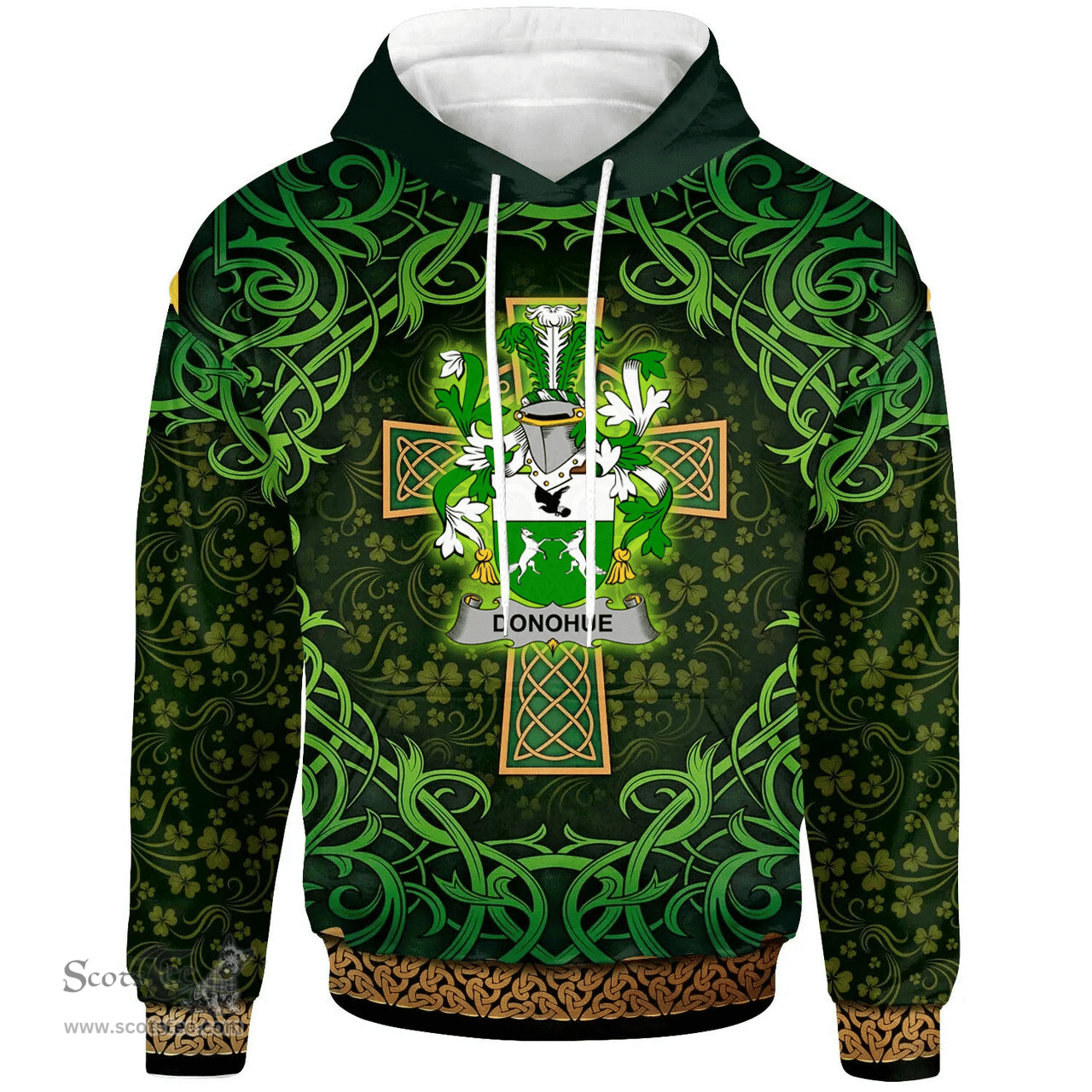 ScotsTee Shop Irish Donohue or O'Donohue Coat of Arms Family Crest Ireland Hoodie Celtic Cross Shamrock Patterns