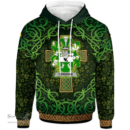 ScotsTee Shop Irish Donohue or O'Donohue Coat of Arms Family Crest Ireland Hoodie Celtic Cross Shamrock Patterns