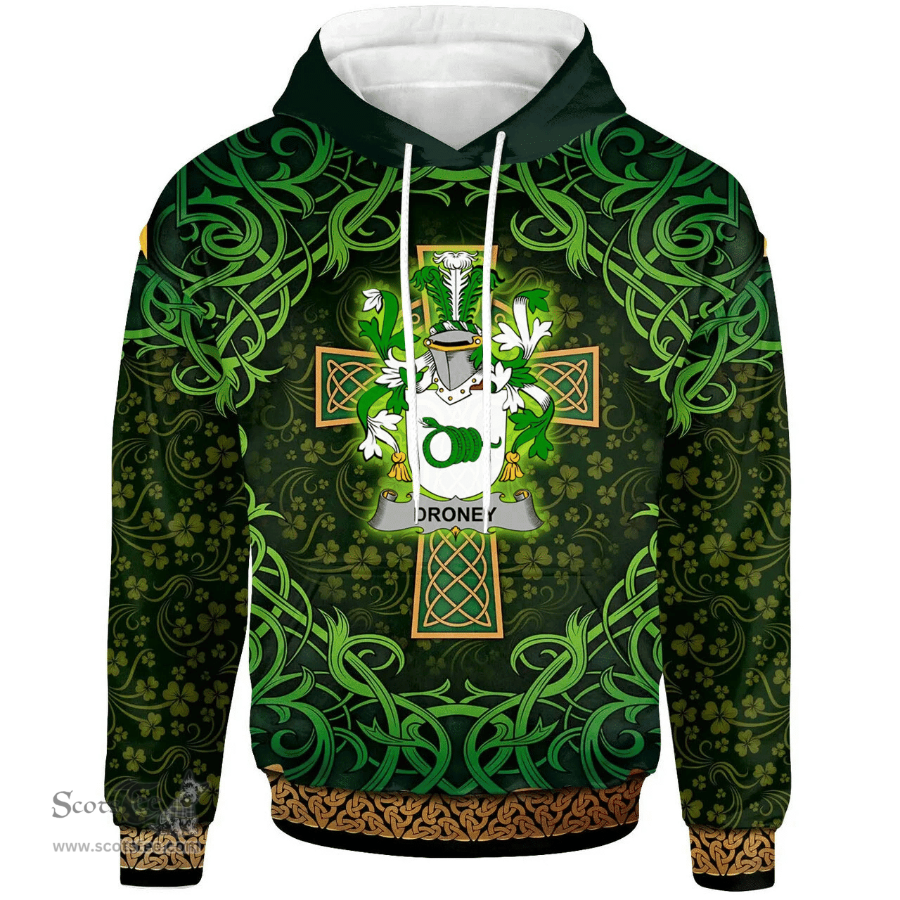 ScotsTee Shop Irish Droney or O'Droney Coat of Arms Family Crest Ireland Hoodie Celtic Cross Shamrock Patterns