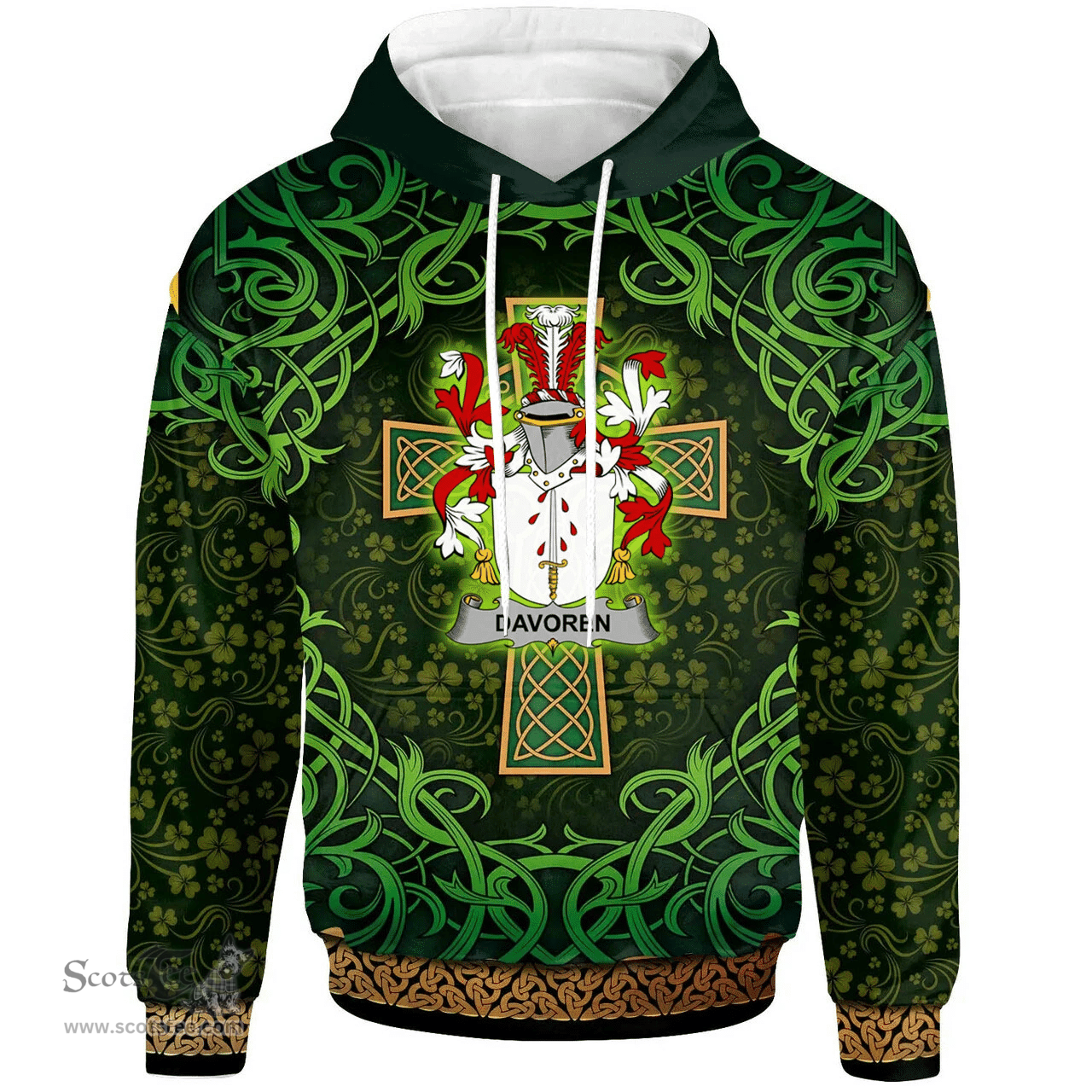 ScotsTee Shop Irish Davoren or O'Davoren Coat of Arms Family Crest Ireland Hoodie Celtic Cross Shamrock Patterns