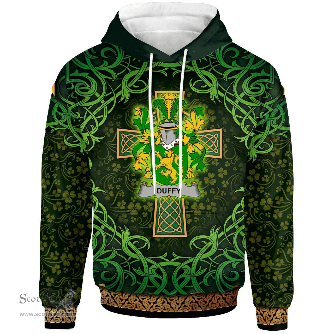 ScotsTee Shop Irish Duffy or O'Duffy Coat of Arms Family Crest Ireland Hoodie Celtic Cross Shamrock Patterns