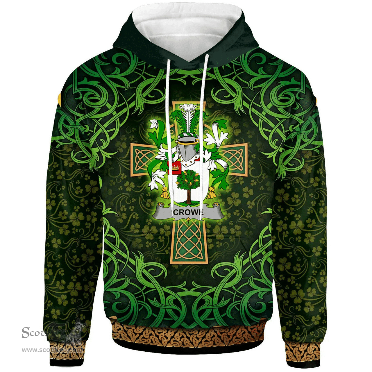 ScotsTee Shop Irish Crowe or McEnchroe Coat of Arms Family Crest Ireland Hoodie Celtic Cross Shamrock Patterns