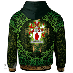 ScotsTee Shop Irish Devaney or O'Devaney Coat of Arms Family Crest Ireland Hoodie Celtic Cross Shamrock Patterns