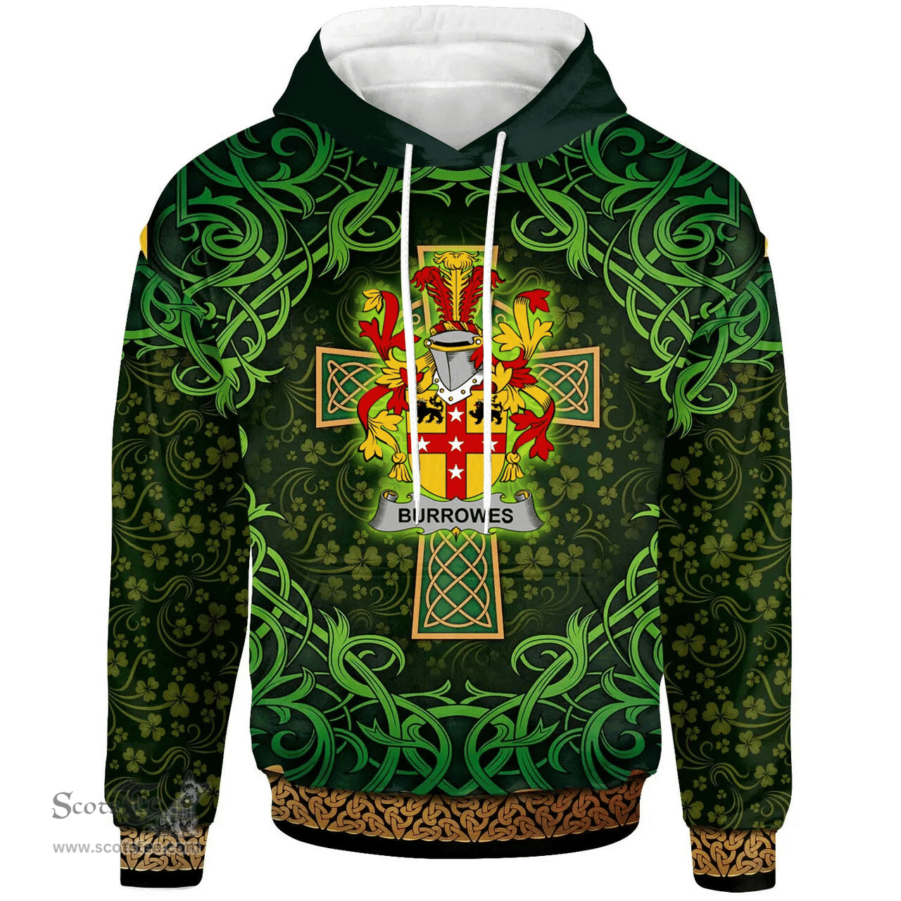 ScotsTee Shop Irish Burrowes Coat of Arms Family Crest Ireland Hoodie Celtic Cross Shamrock Patterns