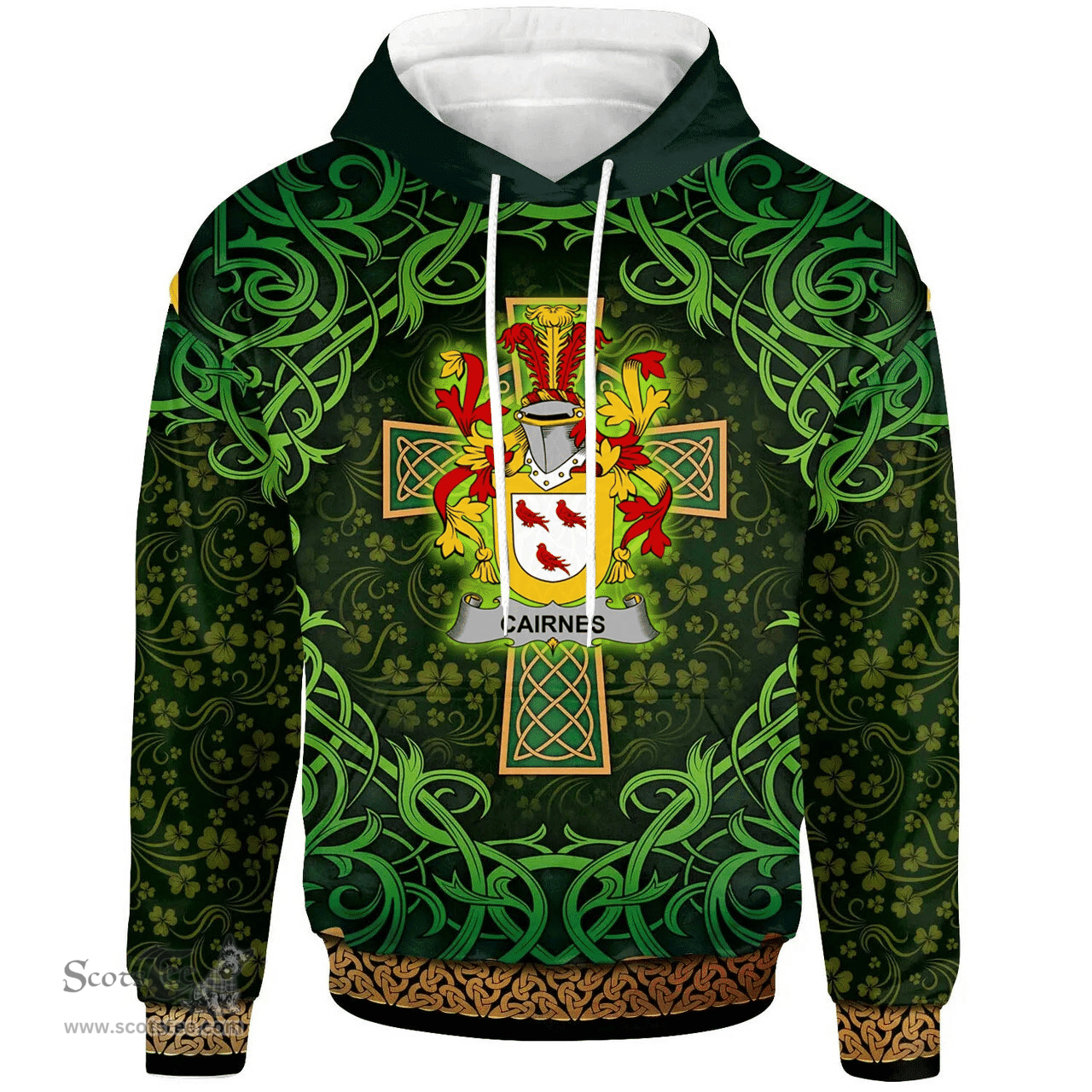 ScotsTee Shop Irish Cairnes Coat of Arms Family Crest Ireland Hoodie Celtic Cross Shamrock Patterns