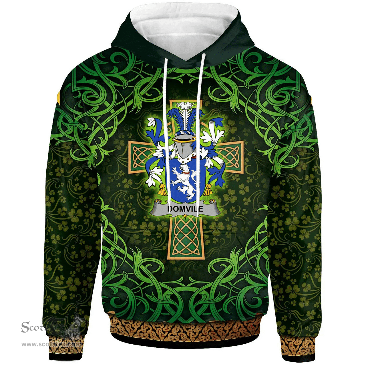 ScotsTee Shop Irish Domvile Coat of Arms Family Crest Ireland Hoodie Celtic Cross Shamrock Patterns