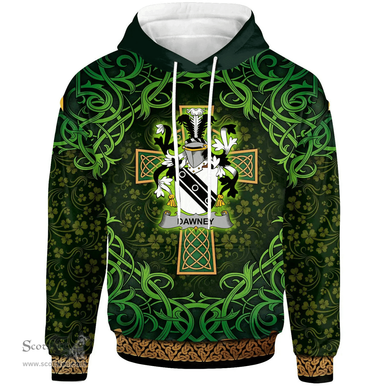 ScotsTee Shop Irish Dawney or Dawnay Coat of Arms Family Crest Ireland Hoodie Celtic Cross Shamrock Patterns