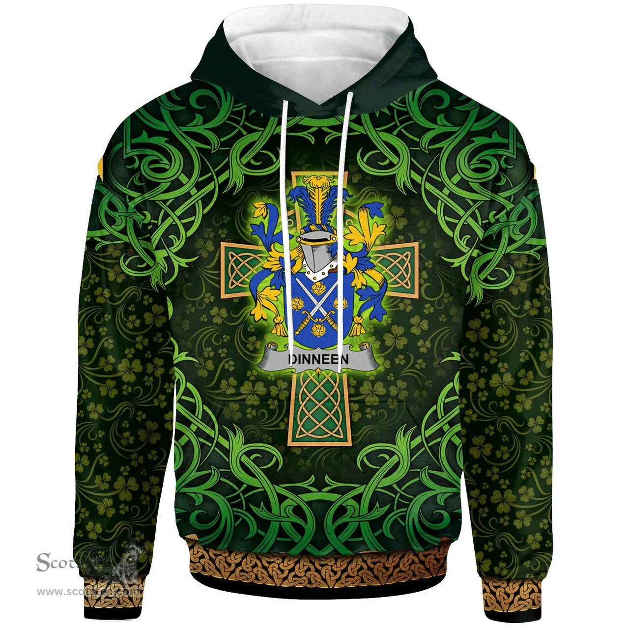ScotsTee Shop Irish Dinneen or O'Dinneen Coat of Arms Family Crest Ireland Hoodie Celtic Cross Shamrock Patterns