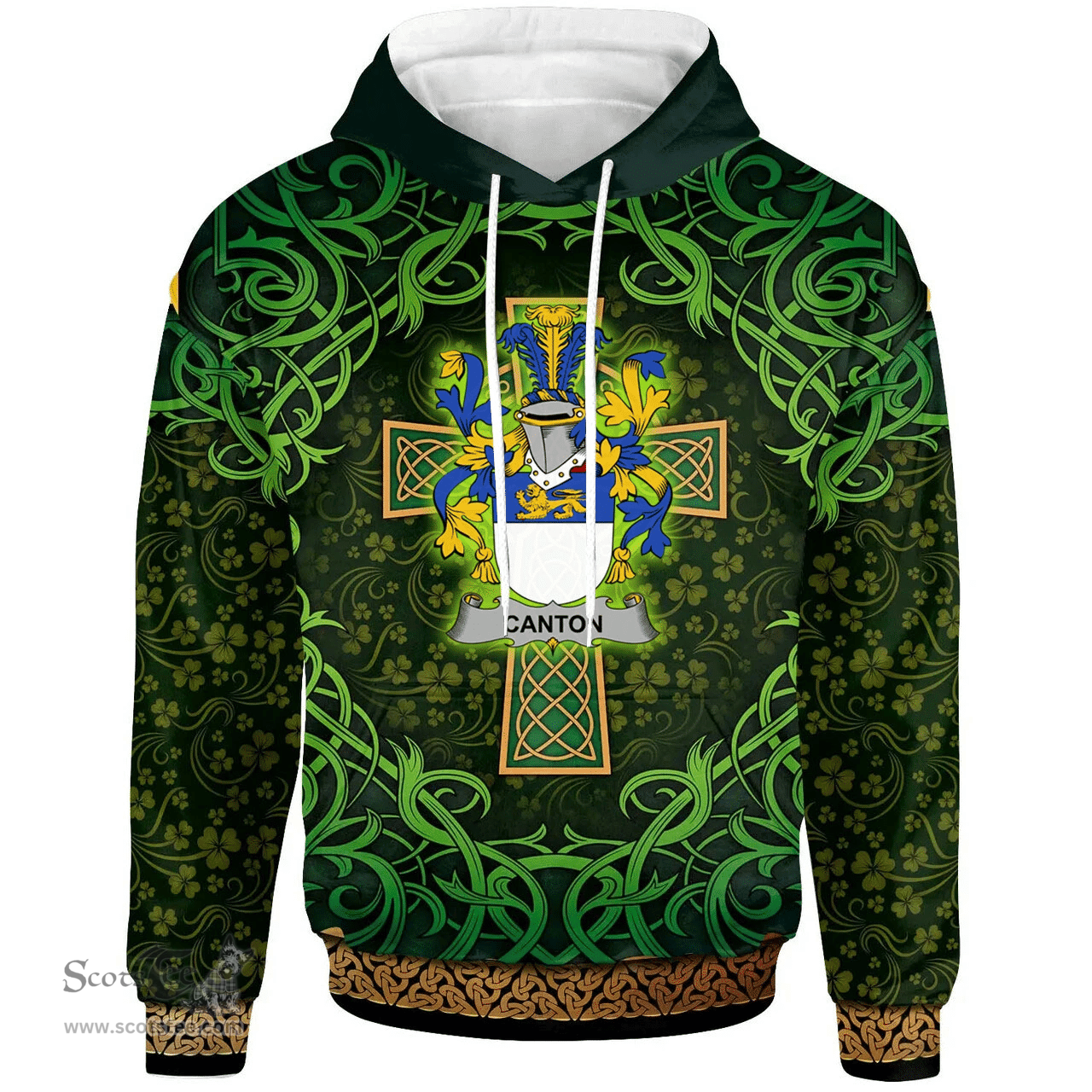 ScotsTee Shop Irish Canton Coat of Arms Family Crest Ireland Hoodie Celtic Cross Shamrock Patterns