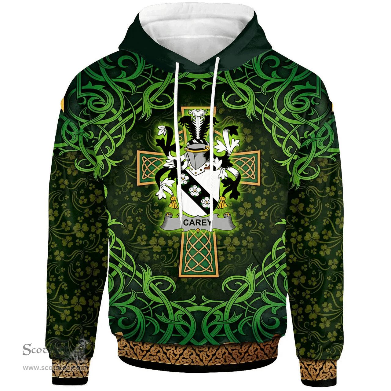 ScotsTee Shop Irish Carey or Cary Coat of Arms Family Crest Ireland Hoodie Celtic Cross Shamrock Patterns