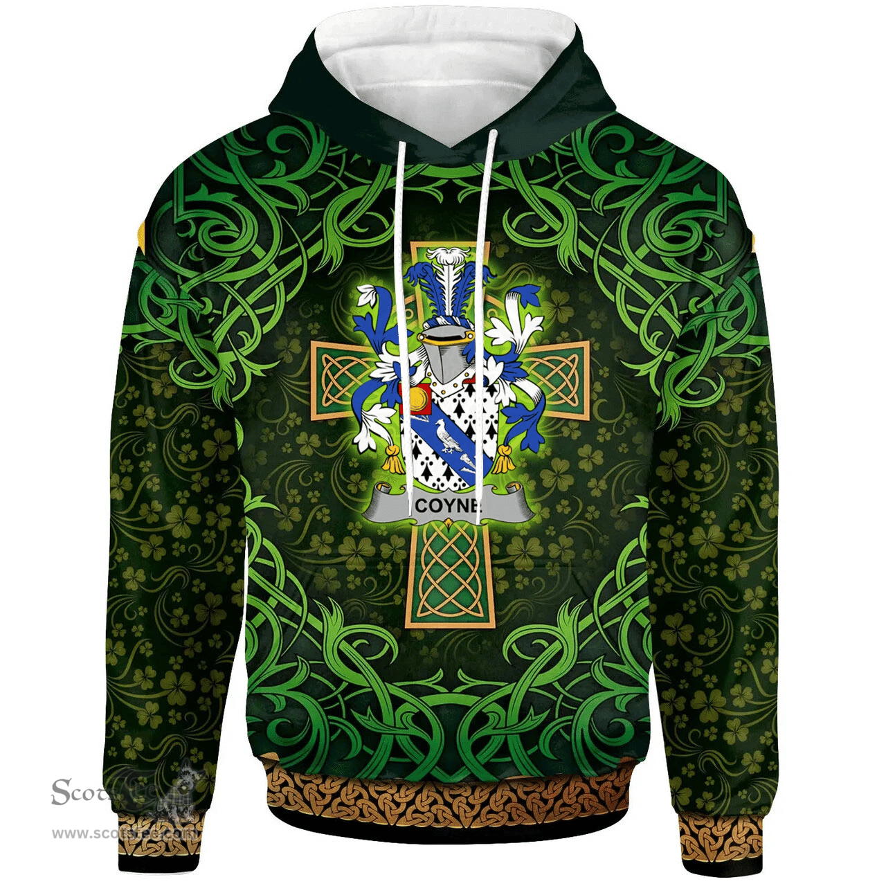 ScotsTee Shop Irish Coyne or O'Coyne Coat of Arms Family Crest Ireland Hoodie Celtic Cross Shamrock Patterns