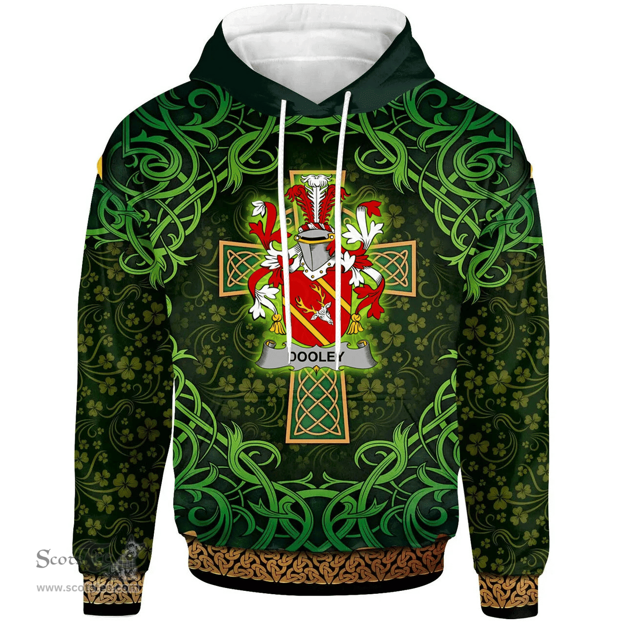 ScotsTee Shop Irish Dooley or O'Dooley Coat of Arms Family Crest Ireland Hoodie Celtic Cross Shamrock Patterns